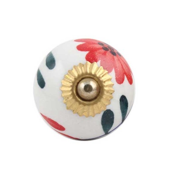 Bouton de meuble motif fleur rouge en porcelaine - Boutons Mandarine