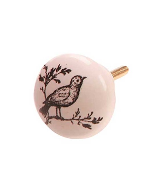 Bouton de meuble en porcelaine Oiseau sur une branche - Boutons Mandarine