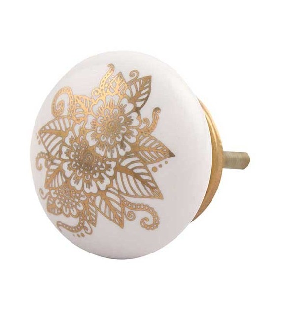 Bouton de meuble Calliopsis doré et porcelaine blanche - Boutons Mandarine