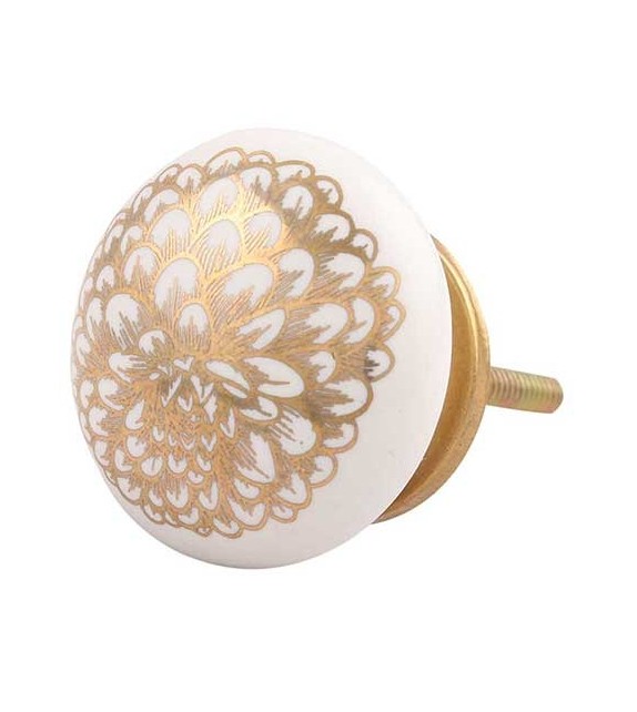 Bouton de meuble Fleur d'Oeillet dorée et porcelaine blanche - Boutons Mandarine