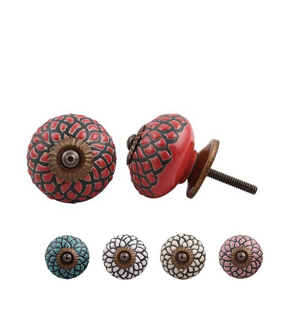 Boutons de meubles avec grande fleur rouge et orange - argenté