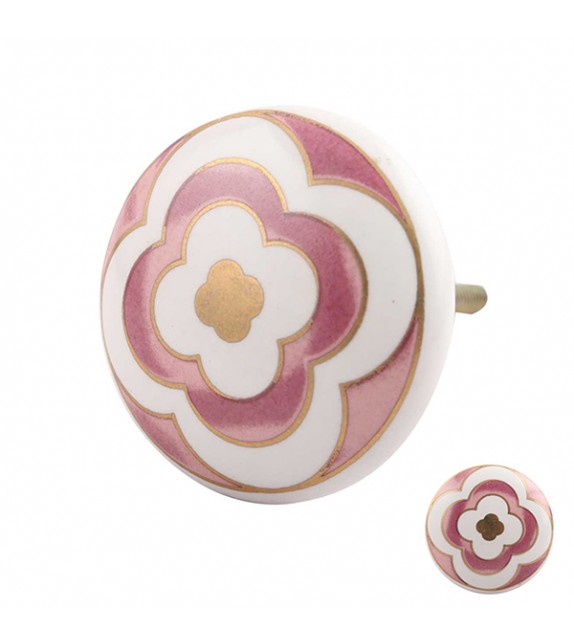 Bouton de meuble en porcelaine fleuri rose et or - Boutons Mandarine