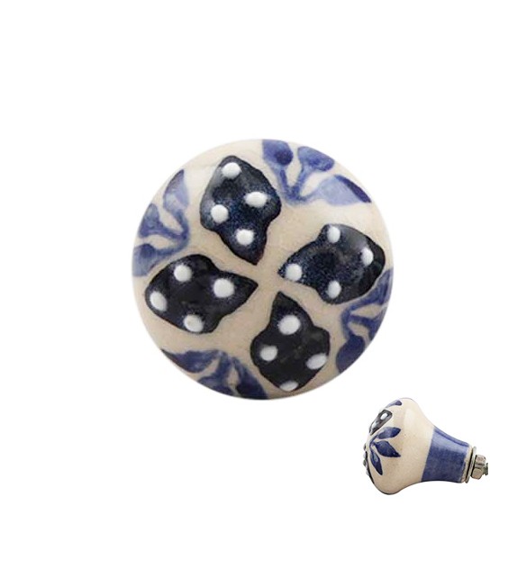 Bouton de meuble en porcelaine floral bleu marine forme ampoule