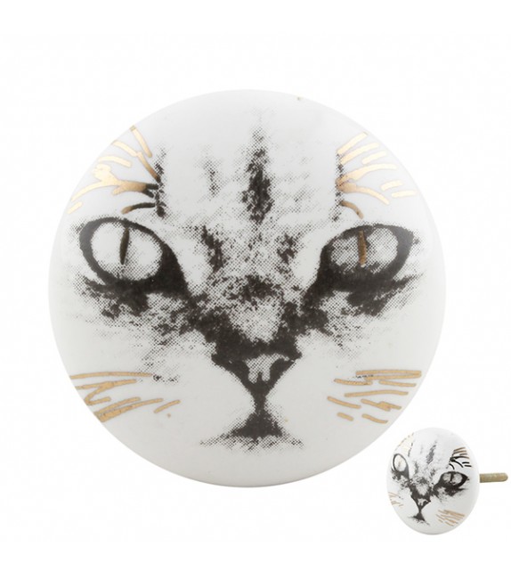 Bouton de meuble porcelaine motif chat
