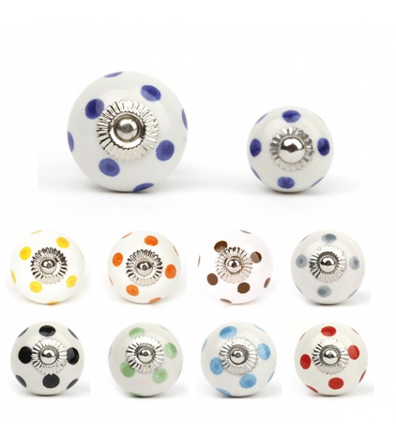 Bouton de meuble en porcelaine blanche à pois colorés - Boutons Mandarine
