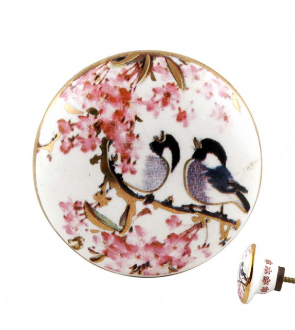 Bouton de meuble en porcelaine petits oiseaux et décor rose