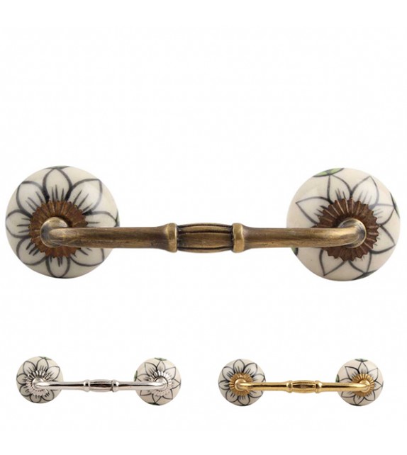 Poignée de meuble en porcelaine grande fleur noire pétales vertes Lea - Boutons Mandarine