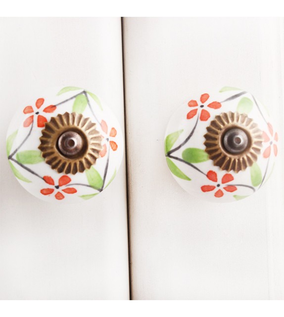 Bouton de meuble en porcelaine fleur orange - Lina