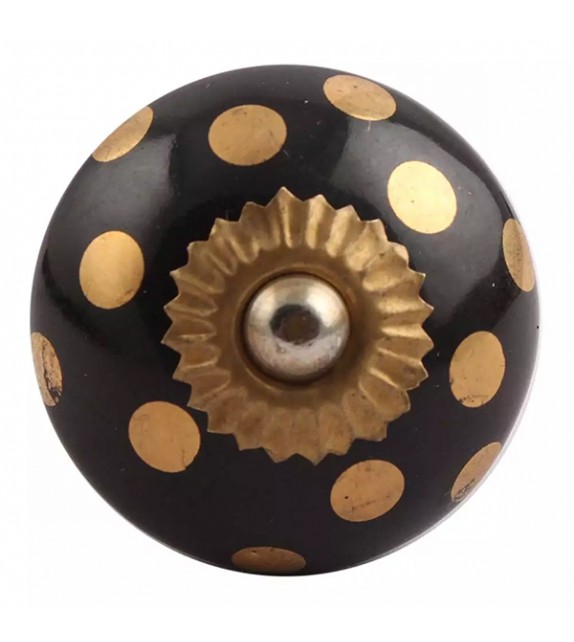 Bouton de meuble en porcelaine noire et pois dorés - Boutons Mandarine