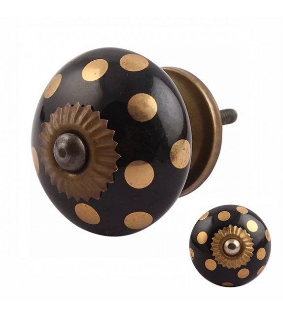 Bouton de meuble en porcelaine noire et pois dorés - Boutons Mandarine