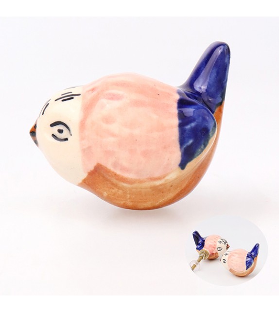 Bouton de meuble en porcelaine Oiseau bleu et rose - Boutons Mandarine