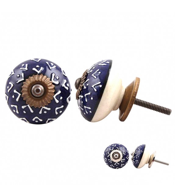 Bouton de meuble en porcelaine bleu marine à motif blanc Zélie